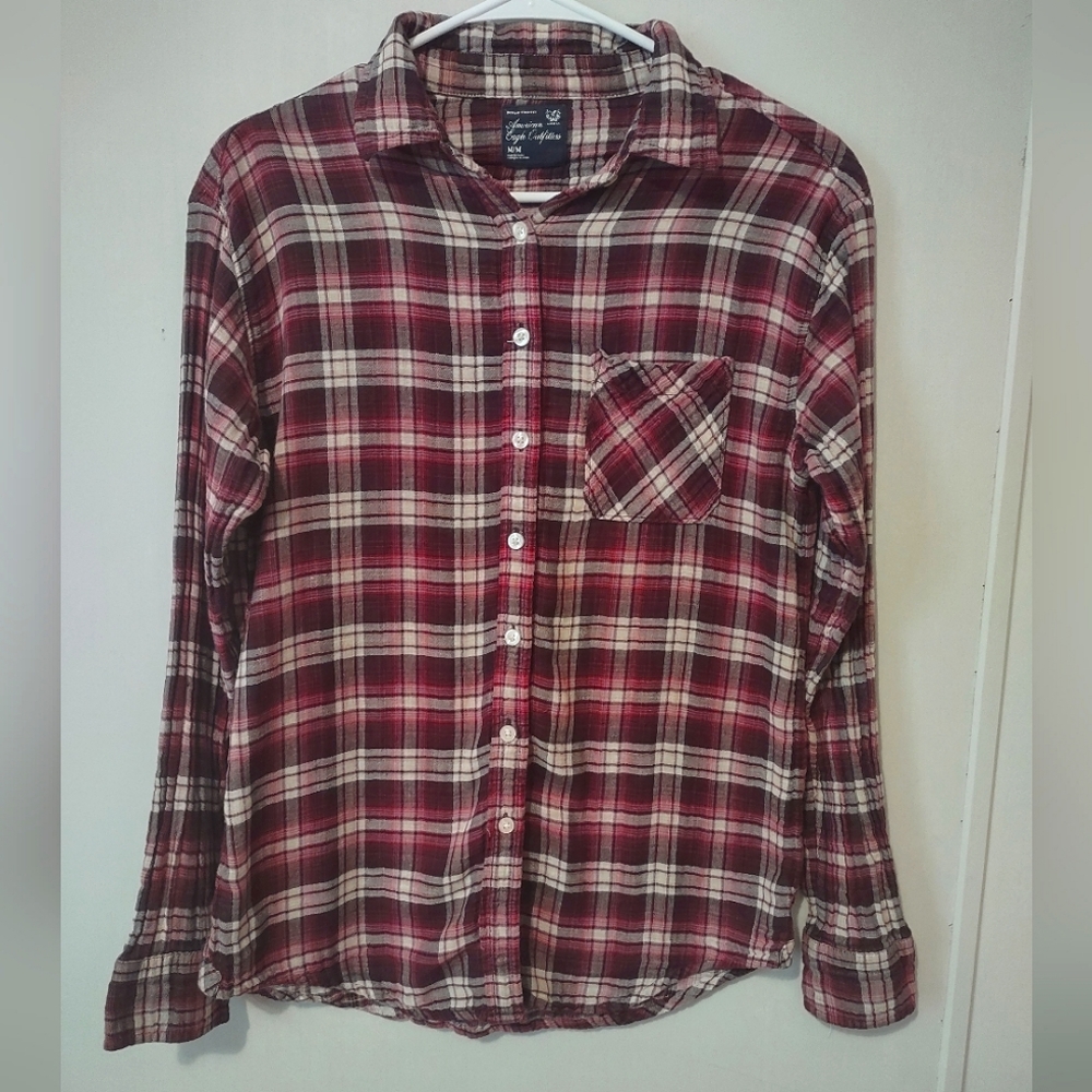 American Eagle Women's Boyfriend Fit Maroon Flannel Size Medium